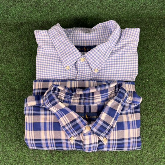 Lot Of 2 Polo Ralph Lauren Button Down Blue Plaid Short Sleeve Short Size 3XB - Picture 1 of 11